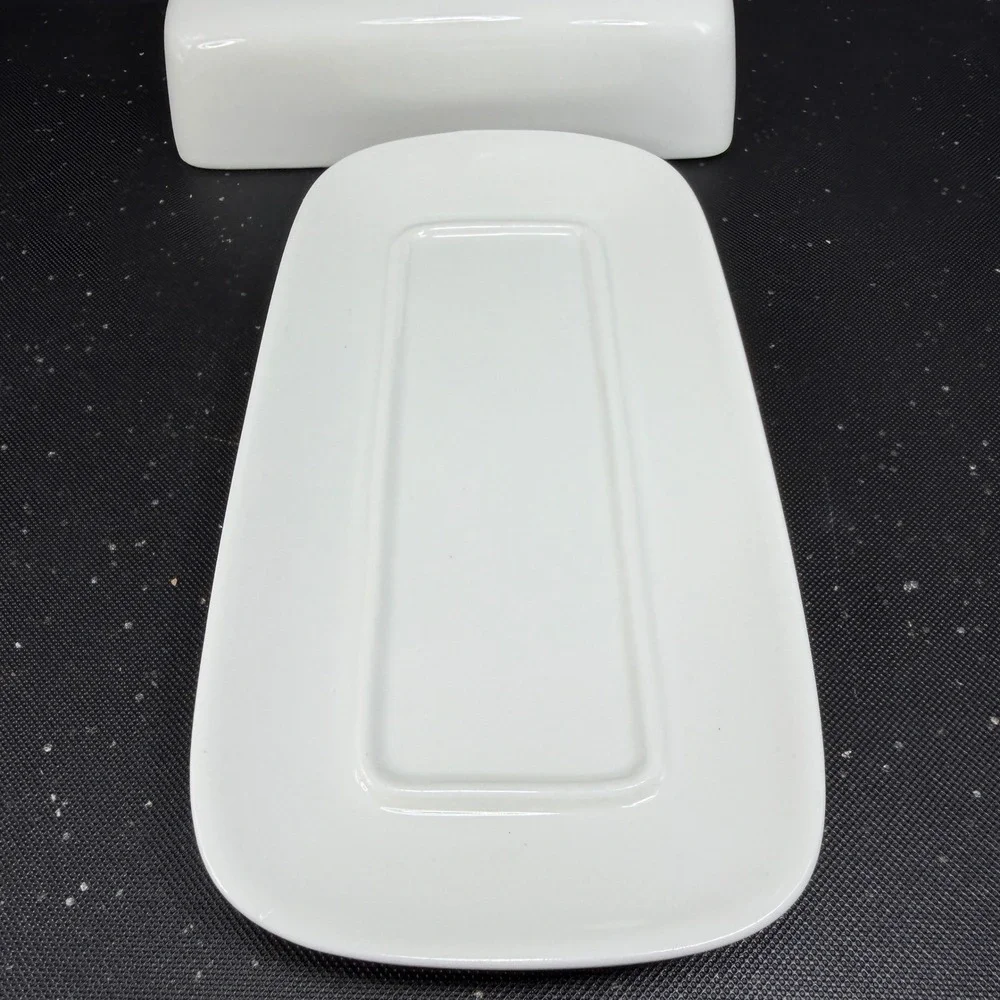 HB White Ceramic Butter Dish with Lid Microwave and Dishwasher Safe 8x4 Inch